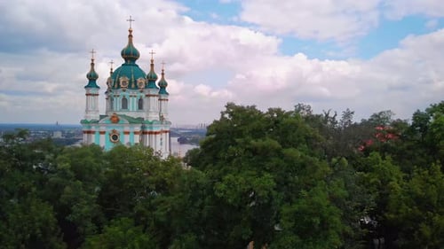 Aerial Top View of Saint Andrew's Church and Andreevska Street From Above in Kiev Ukraine.