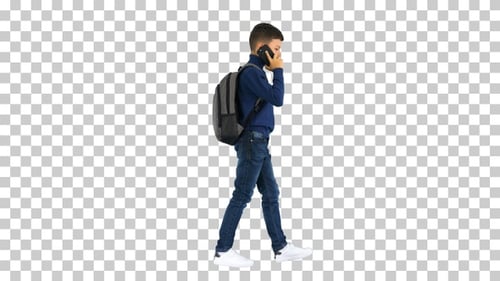 Schoolboy with a backpack talking on the, Alpha Channel