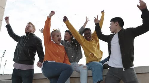 Group of Five Young Friends Having Fun in Outdoor Party Celebration