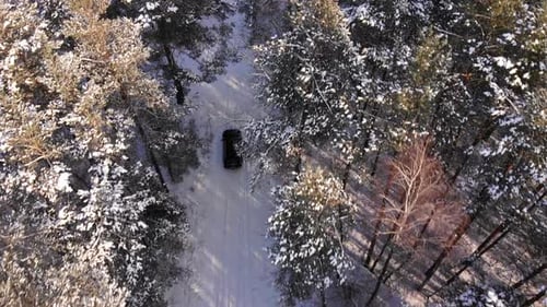 Klassisches graues Auto fährt auf der Landstraße durch den weißen Winterschneewald