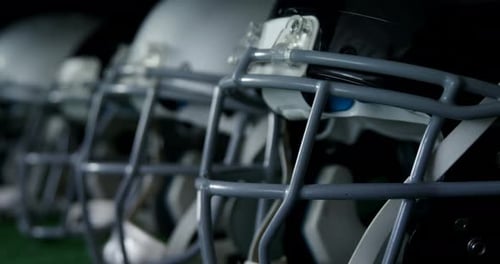 Football Helmets Lined Up in a Row