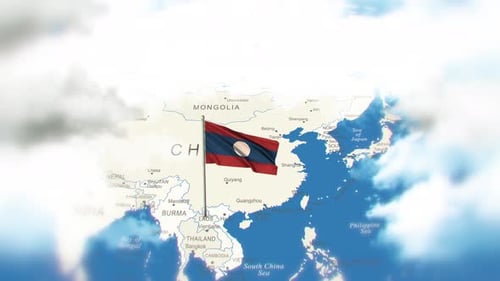 Waving Laos Flag on East Asia Political Map Animation