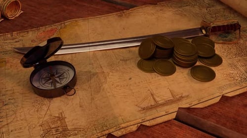 Animated Treasure Map Reveal with Compass and Gold Coins