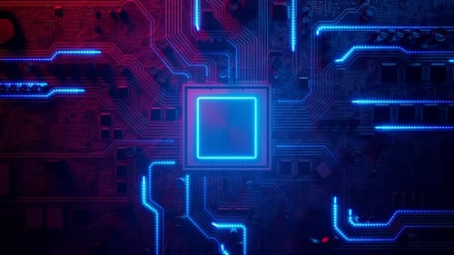 Datenfluss in einem Motherboard im PC. Prozessor zwischen Schaltungen und Elektronik.
CPU