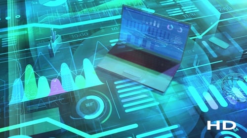 Futuristic Business Data Analysis on Laptop with Animated Charts