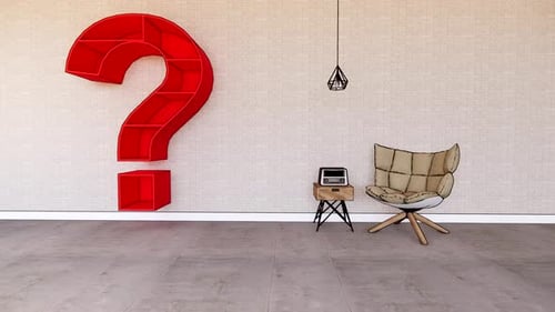 Big question mark on wall in living room while renovating.