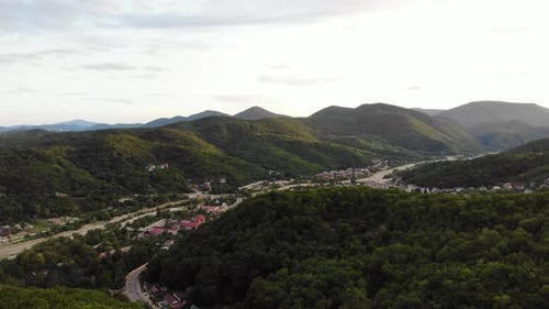 View of the Caucasus Mountains and the village.