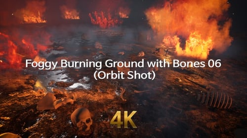 Burning Desolate Landscape with Human Skulls and Bones