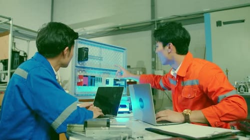 smart asian technical engineer working with assemble involved in the machine working design process