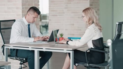 Man and Woman Working on Laptops in Office