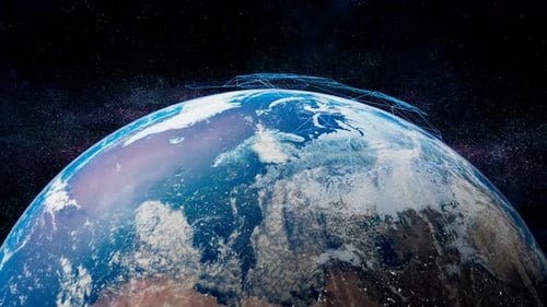 Earth in space and network coverage of 5G technology. 5th mobile generation.