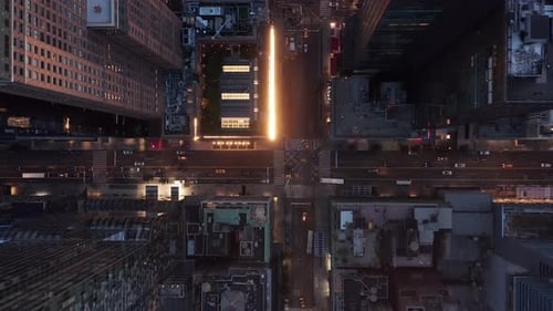 Birds Perspective of New York City Skyscrapers Street, Road in Manhattan with Busy Car