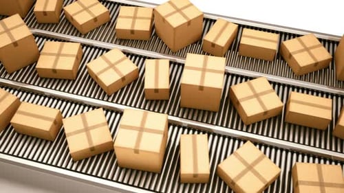 The top view animation of cardboard boxes moving in the line. Loopable. HD