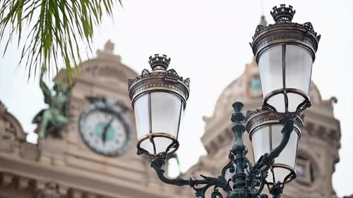 Casino of Monte Carlo building with big metallic lanterns in Monaco, close up view