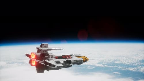 Futuristic Spaceship Flying Above Planet Earth