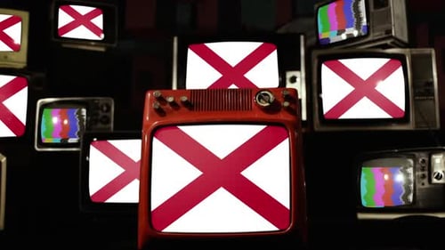 Vintage Televisions with Static, Flags, and Color Bars