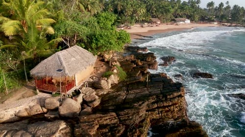 Ocean Waves on a Sandy Beach During Sunrise. View of the Beach, Ocean and Palm Trees. Sri Lanka