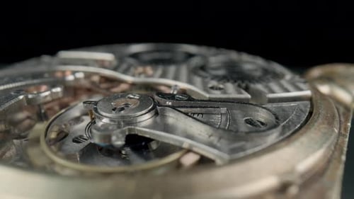 Rotating Gears in Antique Pocket Watch Close Up