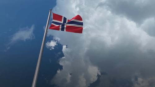 Realistic Norway Flag Waving On Pole In Cloudy Sky