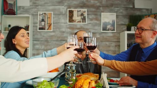 Family Gathering Clinking Glasses of Wine at Dinner