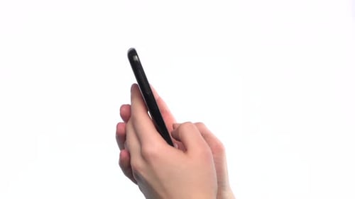 Hands Using and Touchs Black Smartphone on White