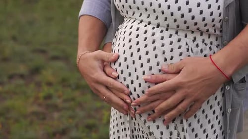Gros plan, de, mains humaines, tenue, ventre enceinte, heureux, famille, attente, bébé