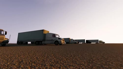 Long Convoy of Semi-Trailer Trucks Moving Across Desert Landscape