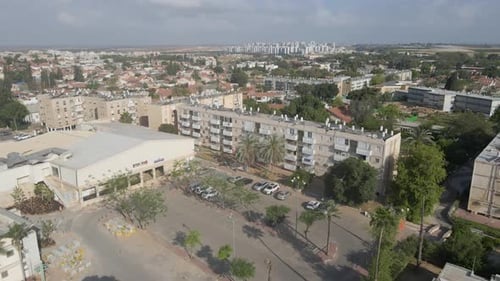 aerial shot above the city center of netivot city