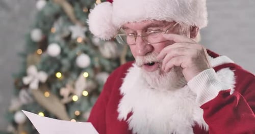 Close-up of Surprised Santa Claus Reading Letter, Looking at Camera and Shaking His Head