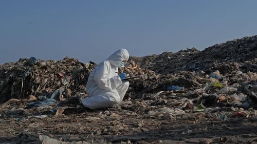 Scientist Studying Pollution in Protective Suit at Landfill