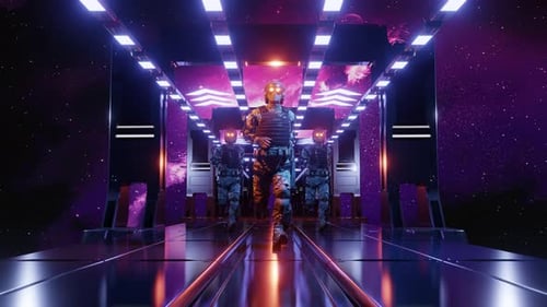 Futuristic Armored Soldiers Marching in Spaceship Corridor