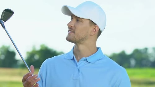 Smiling Golf Player Holding Iron Club Posing to Camera, Hobby, Leisure Activity