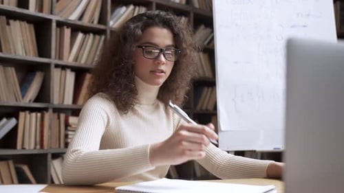 Female Hispanic School Math Teacher Virtual Teaching By Zoom Conference Call