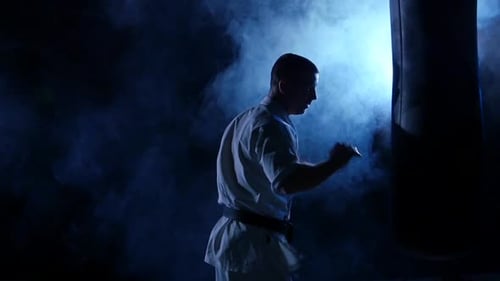 Martial Artist Training with Punching Bag at Night