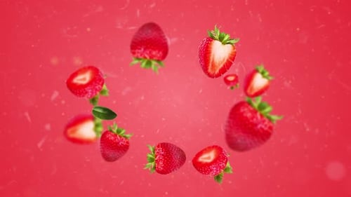 strawberry all around on the red background