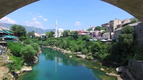 Flying away from bridge in Mostar, Bosnia and Herzegovina