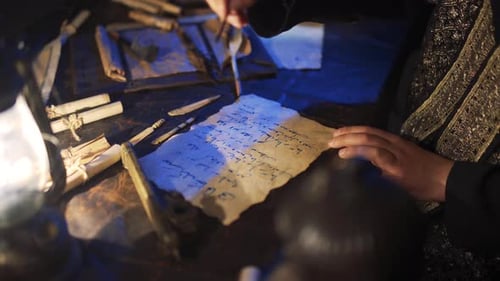 Person Writing Letter with Quill at Candlelit Desk