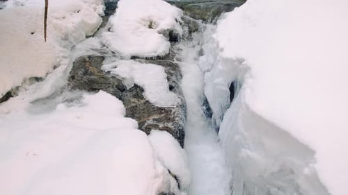 Snowy Mountain Stream With Icicles Dolly Slow Motion