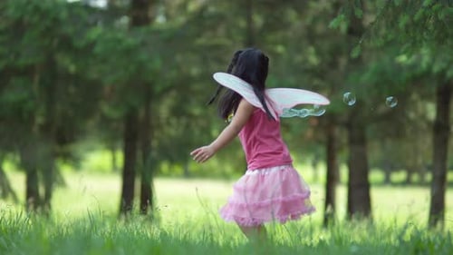 Girl in Fairy Costume Blowing Bubbles in Meadow