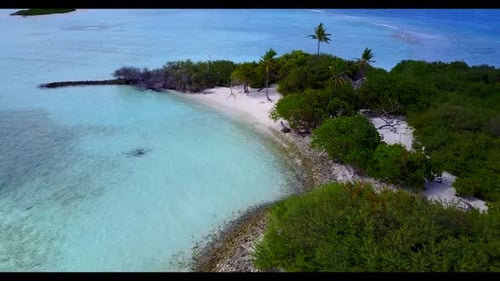 Aerial above scenery of tropical coast beach vacation by turquoise ocean with white sandy background