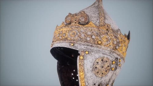 Rotating Ancient Ornate Knight Helmet 3D Render
