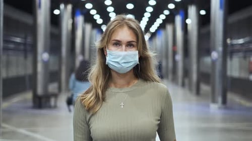 Mask Woman Subway Look Camera Coronavirus. Passenger Portrait Metro Covid-19