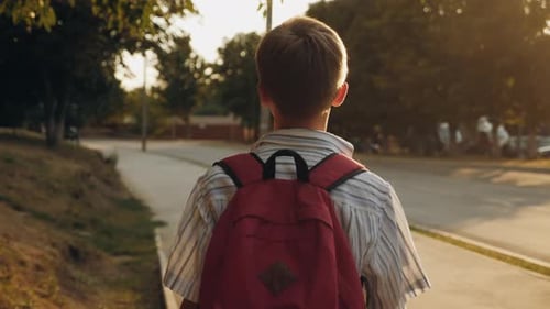 Pupil with a Backpack Walking on the Sidewalk, Back View
