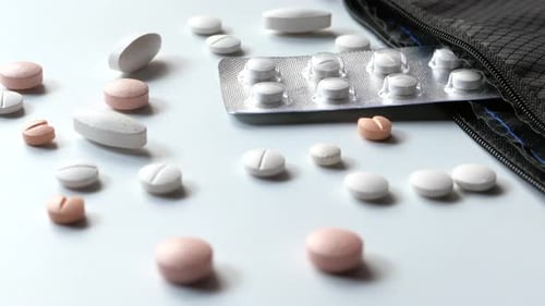 Close Up of Colorful Pills Spilling on White Background