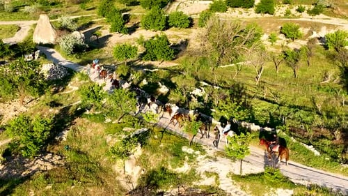 Horseback riding in Cappadocia aerial view 4 K