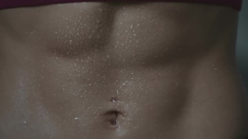 Sweaty Muscular Woman's Abs Close Up
