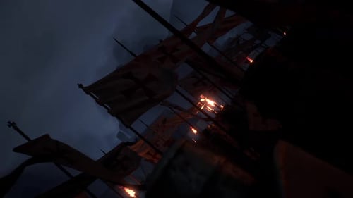 Medieval Knights Marching with Torches and Flags at Night