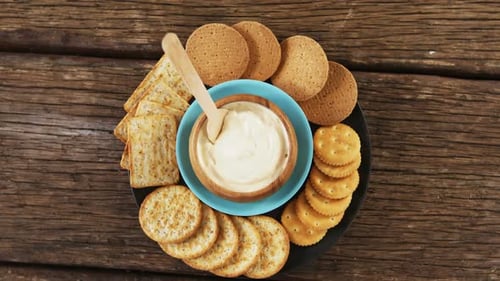 Variety of Crackers and Dip Overhead Shot