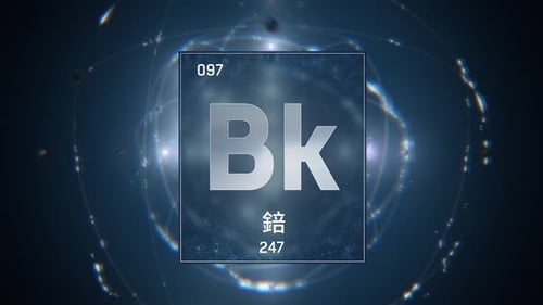 Berkelium als Element 97 des Periodensystems auf blauem Hintergrund in chinesischer Sprache