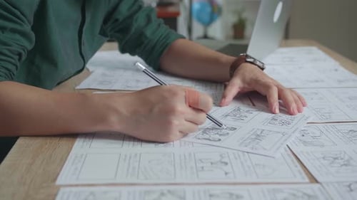 Hands Man Drawing Storyboard Animation Comic Cartoon, Design Creative Scene Layout At Studio